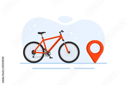 Vector illustration of a red mountain bike with a location marker icon for cycling navigation, travel, and outdoor adventure.