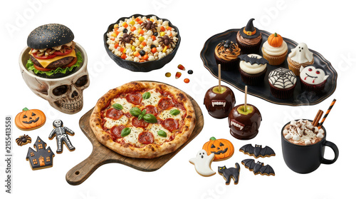 Variety of delicious halloween party food and snacks isolated on transparent background