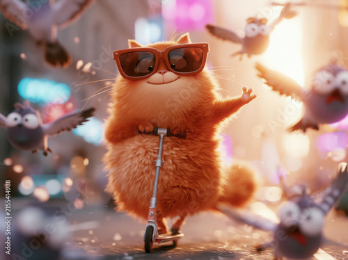 A chubby orange cat wearing oversized sunglasses, confidently riding a tiny scooter through a busy city street, surprised pigeons flying everywhere, exaggerated facial expressions, vibrant colors