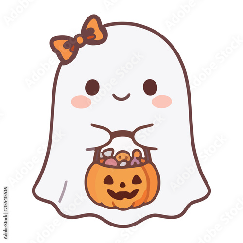 Ghost Girl With Orange Ribbon Holding Pumpkin Basket Kawaii Halloween