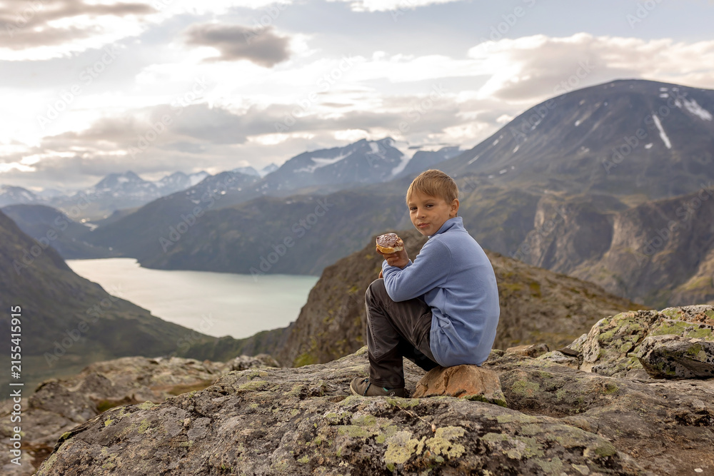 Fototapeta premium Beautiful european family with children and pet dog hiking Knutshoe summit with blue lake in mountain landscape in Jotunheimen National Park in Norway, mountains of Besseggen in background, cloudy sky