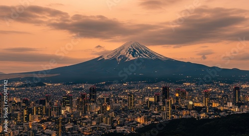 Mount Fuji and Cityscape at Sunset in Japan.