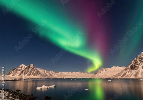 Stunning Aurora Borealis over Icy Fjord and Snow-Capped Mountains at Night.