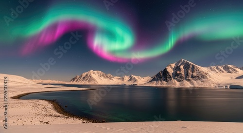Vibrant Aurora Borealis over Snowy Mountains and Icy Lake.