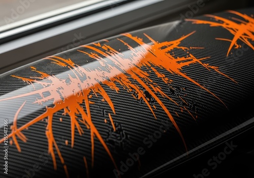 Abstract Orange Splatter on Black Carbon Fiber Surface.