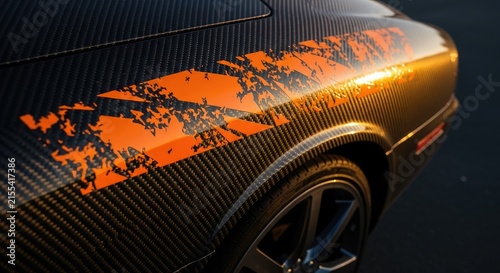 Close-up of a custom car with carbon fiber body and vibrant orange graphic detail.