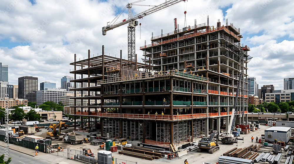 Naklejka premium Modern high rise building under construction in city 1.
