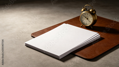 Leather desk pad with brass clock and blank paper on desk, professional order concept