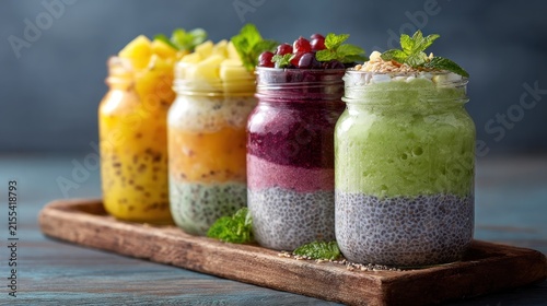 Colorful layered fruit smoothies in jars arranged on a wooden tray