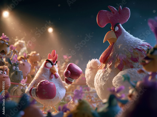 A dramatic chicken wearing boxing gloves, challenging a huge rooster in a tiny boxing ring, crowd of farm animals cheering, exaggerated expressions, humorous action, colorful feathers, 3D animated car