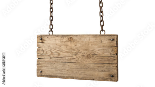 Photography Empty blank wooden hanging signboard with metal chains isolated on transparent b