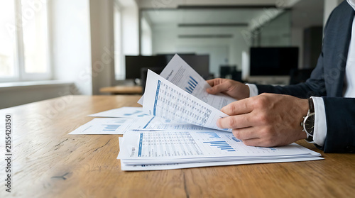 Businessman Reviewing Financial Documents and Reports at Modern Office Desk, Accounting, Corporate Finance, Business Analysis, Planning and Management