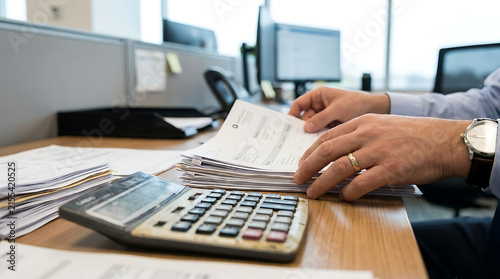 Accountant Reviewing Financial Documents with Calculator at Office Desk, Business Accounting, Tax Preparation, Budget Planning and Financial Analysis