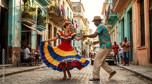 Couple dancing in vibrant traditional clothing on a sunny street