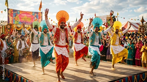 Energetic bhangra dancers in colorful traditional attire at a festival