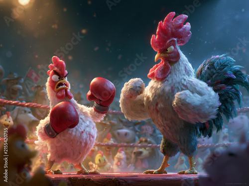 A dramatic chicken wearing boxing gloves, challenging a huge rooster in a tiny boxing ring, crowd of farm animals cheering, exaggerated expressions, humorous action, colorful feathers, 3D animated car