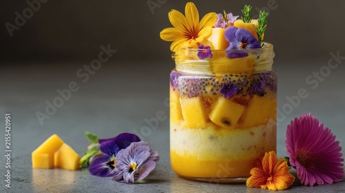 Jar dessert with mango flowers and layers on a textured surface