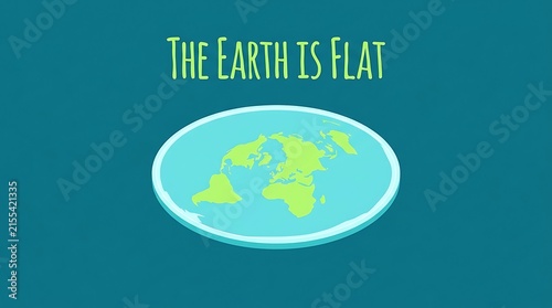Whimsical cartoon illustration depicting the controversial flatearth theory on a teal background with bold text