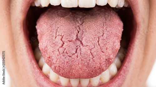 Close-up of dehydrated human tongue with deep cracks and dry texture in open mouth