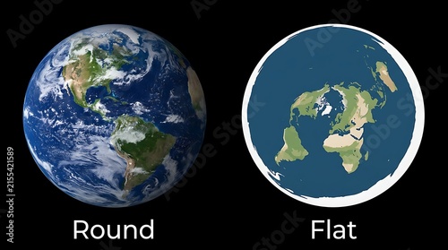 Educational comparison showcasing the traditional round Earth model against a flatdisk planetary representation