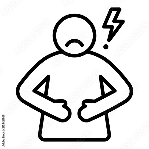 Stomach pain icon of person holding belly in discomfort