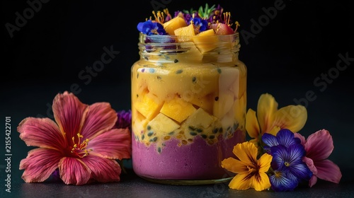 Colorful smoothie jar with assorted fruits and flowers against a dark background