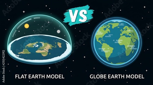 Conceptual illustration comparing flat Earth model theory with scientific spherical globe model in space