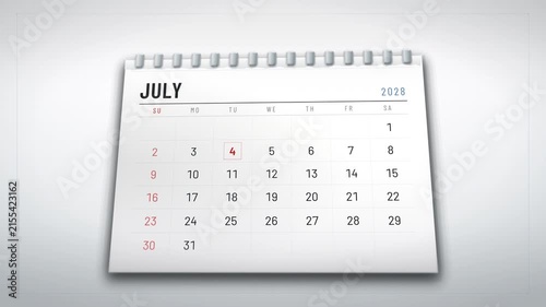 A 2028 desk calendar flips and tears through passing months, forming a polished cinematic 3D time-lapse concept for corporate planning, marketing, and advertising.