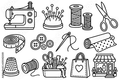 Sewing and Fabric Shop Outline Icon Set