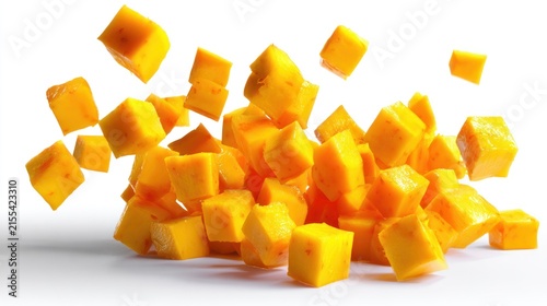 Freshly diced mango pieces falling against white background closeup