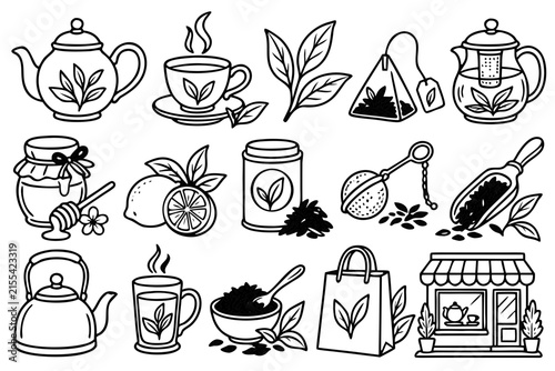 Tea Shop and Tea Accessories Outline Icon Set