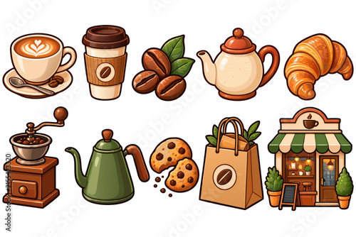 Cozy Autumn Coffee Shop and Bakery Color Icon Set