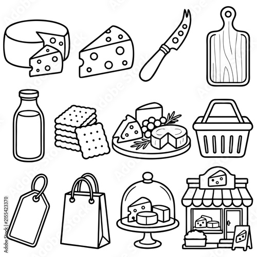 Cheese and Dairy Shop Outline Icon Set