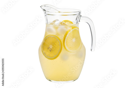 Glass pitcher of fresh lemonade with lemon slices and ice isolated on transparent background