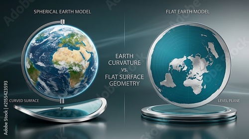 Scientific comparison illustrating spherical earth model versus flat surface geometry theory and level plane concept