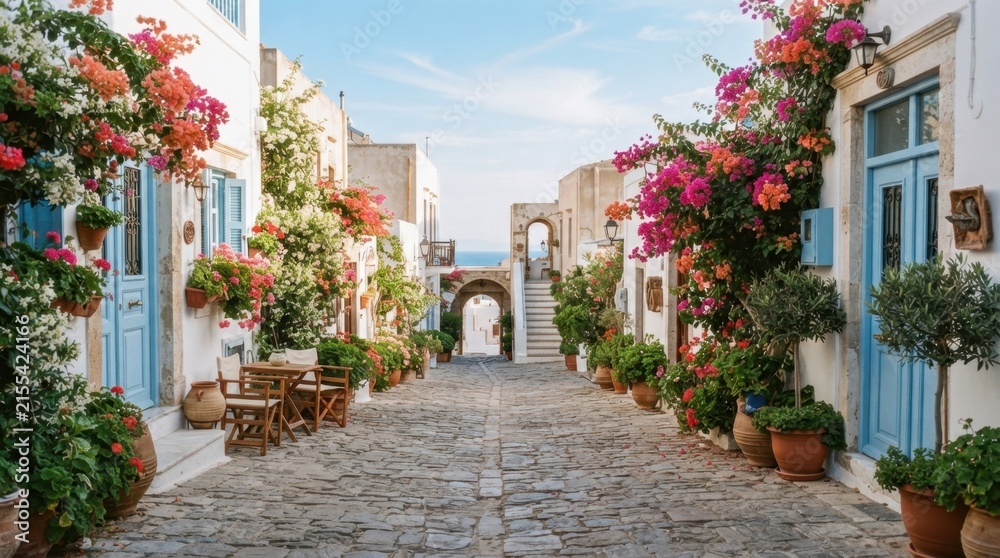 Obraz premium Charming Mediterranean street lined with bougainvillea and blue doors