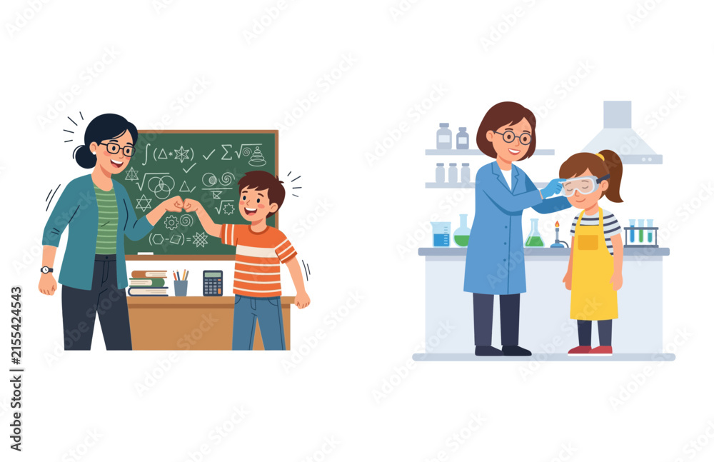 Fototapeta premium Educational scenes featuring a teacher with a student and a scientist helping a child in laboratory
