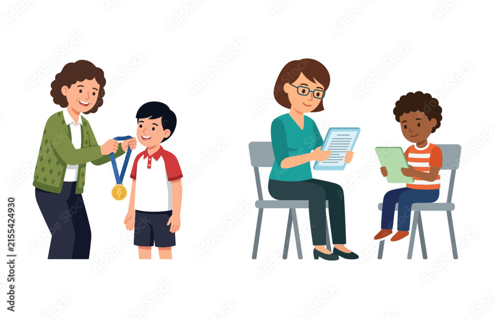 Obraz premium Flat vector illustration of a teacher awarding a student and helping another pupil with schoolwork
