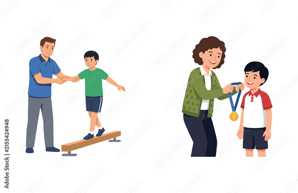 Fototapeta premium Set of vector illustrations showing a father teaching a boy gymnastics and a teacher awarding a medal