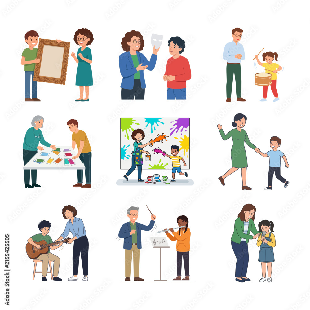 Fototapeta premium Set of vector illustrations showing mentors and children engaged in various creative and educational activities