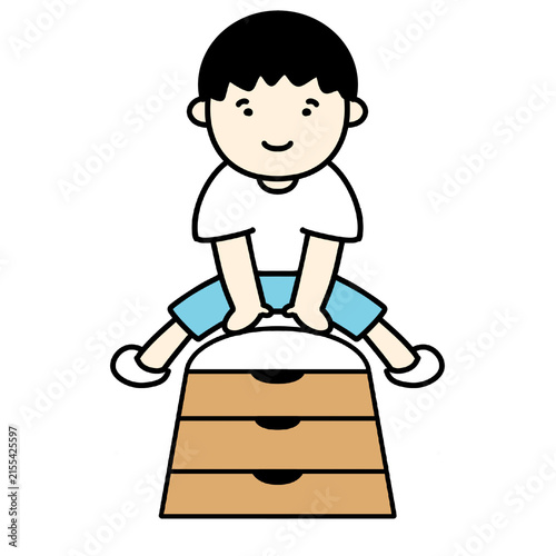 Photography Cartoon boy doing vault exercise on gym box