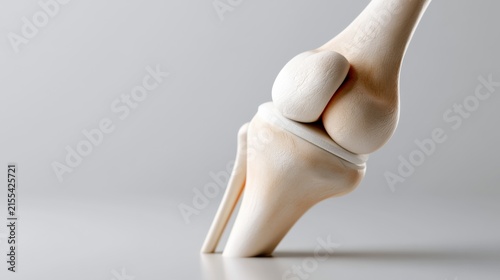A realistic 3D render of a human knee joint, highlighting the bone structure and cartilage