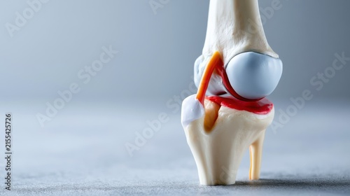 A close-up, detailed model of a human knee joint, showcasing the intricate structure of bones, cartilage, and ligaments, set against a minimalist grey backdrop