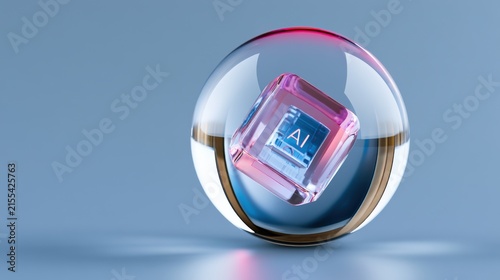 A translucent crystal sphere encasing a cube with the letters AI illuminated in vibrant pink and blue, set against a soft gradient background