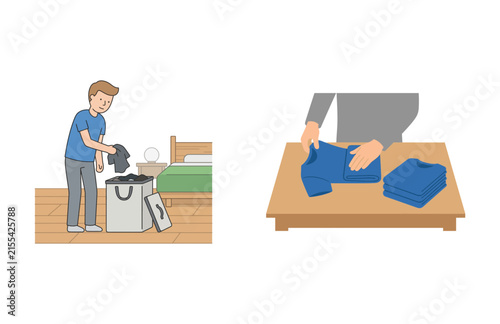A man putting clothes into a laundry basket and folding clean blue shirts on a table at home