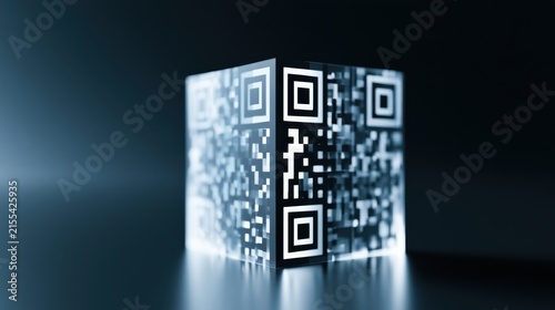 A glowing cube with QR codes on each face, illuminated with a futuristic blue light, set against a dark, reflective background