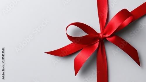 A close-up of a bright red ribbon tied in a neat bow on a plain background. The satin material shimmers under soft light, adding a touch of elegance and festivity.