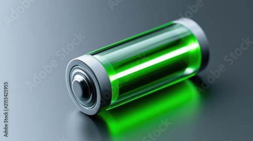 A close-up of a fully charged battery, glowing with vibrant green energy on a dark, reflective surface. The metallic casing and the illuminated core suggest power and innovation
