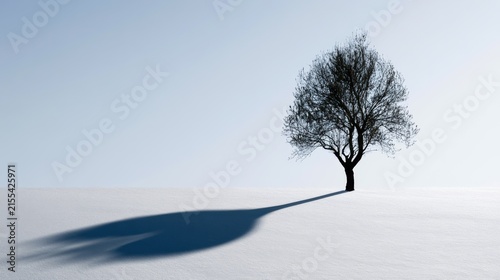 A solitary tree stands silhouetted against a clear blue sky, casting a long shadow on a blanket of snow. The image evokes a sense of peace and quiet solitude.