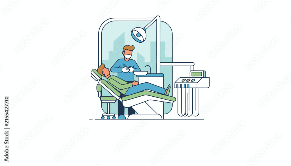 Fototapeta premium Professional dentist in a face mask treating a male patient lying on an adjustable medical chair in a clinic.